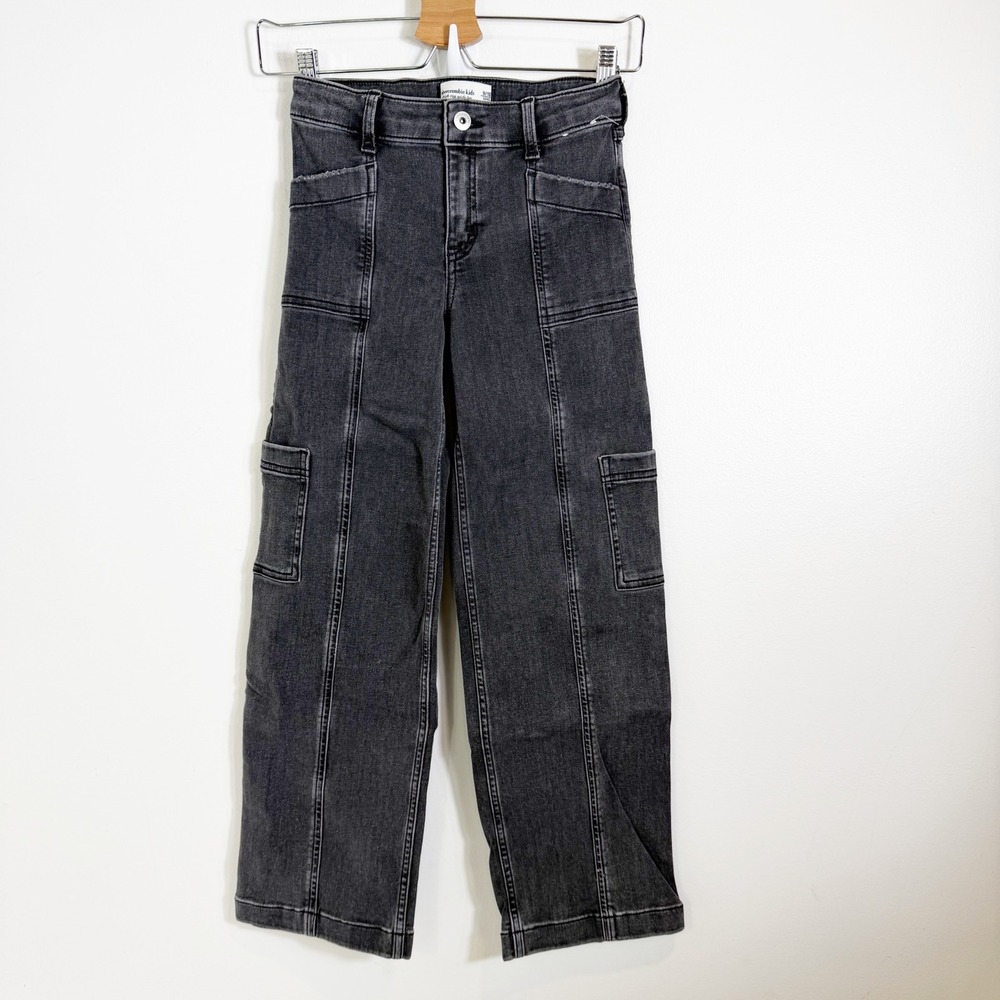Abercrombie Kids Cargo Jeans Girls 9/10 Long Black High Rise Wide Leg Utility